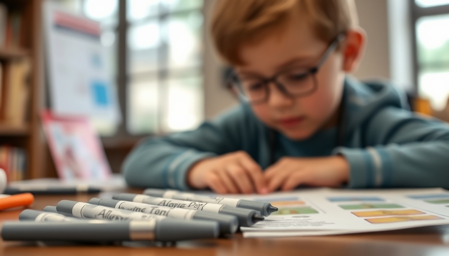 Allergy trainer pens on table beside focused child, indoor scene.