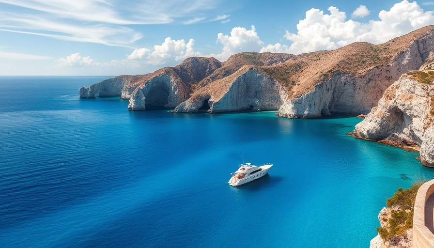Scenic views of coastline with clear waters, boats, and mountains.