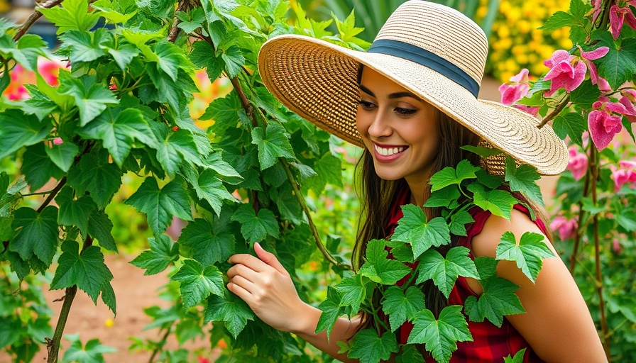 Gardener in a hat interacting with easy-to-grow vines in a garden.