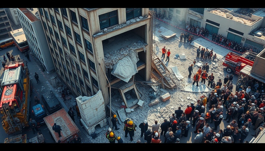 Breaking news Dominican community tragedy: aerial view of building collapse and rescue.