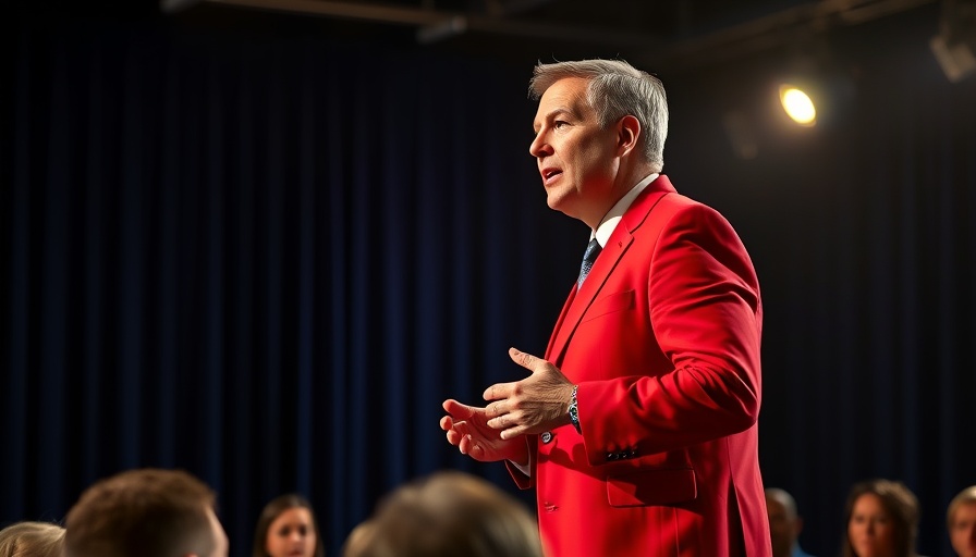 Confident speaker addressing audience on stage