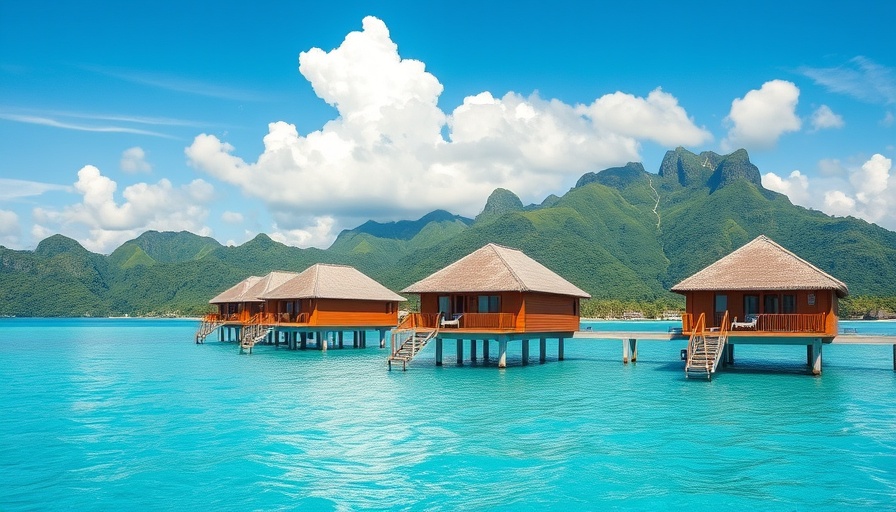 Bora Bora scenic views with overwater bungalows and mountains.