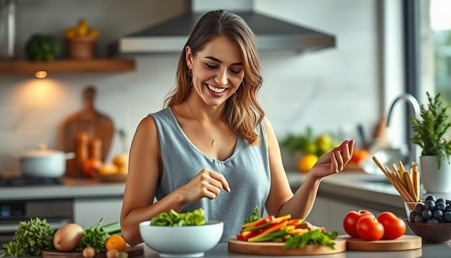 Woman explaining Mediterranean diet benefits in a modern kitchen setting.