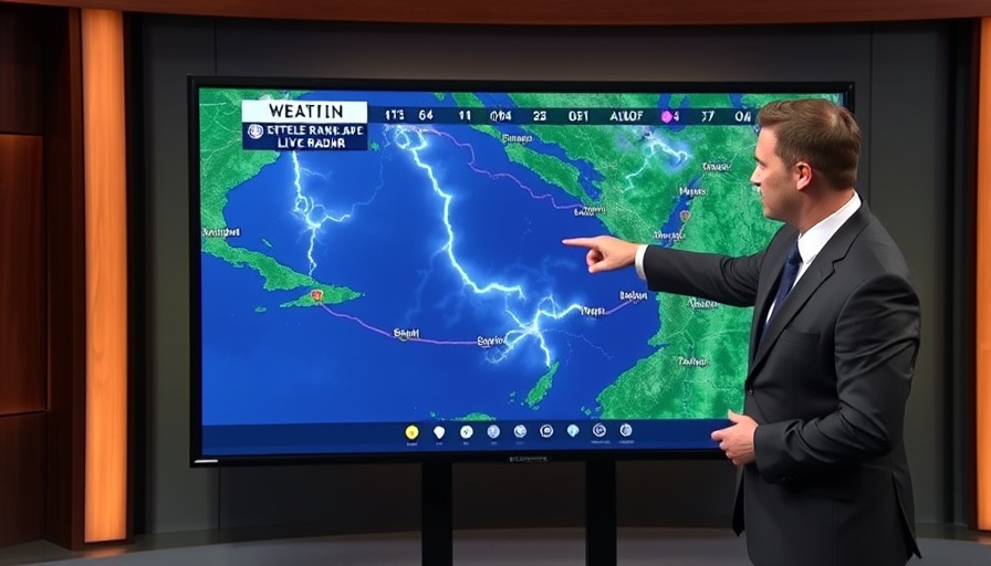 Weather presenter illustrates lightning strikes on radar amid wildfire threat under red flag warning.