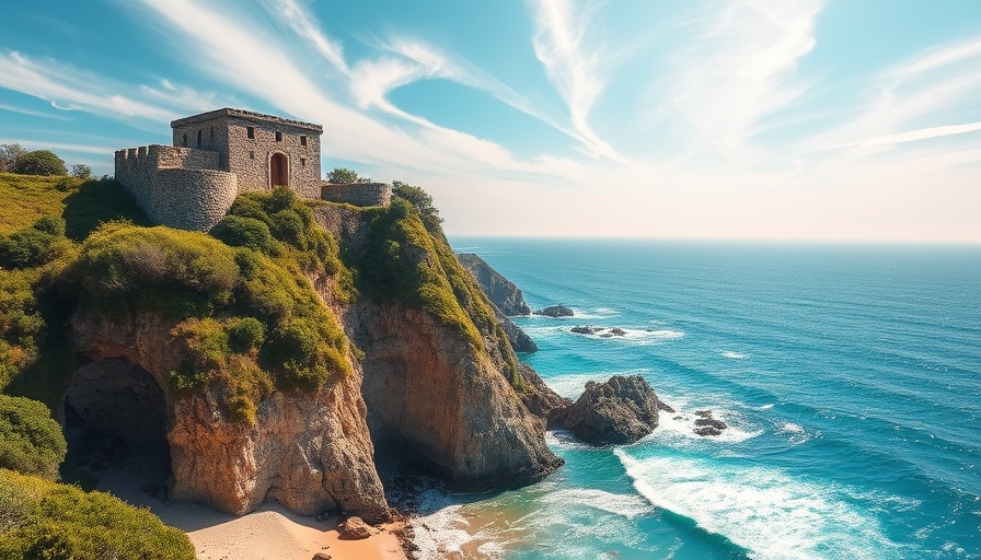 Scenic Views of a coastal landscape with ancient architecture