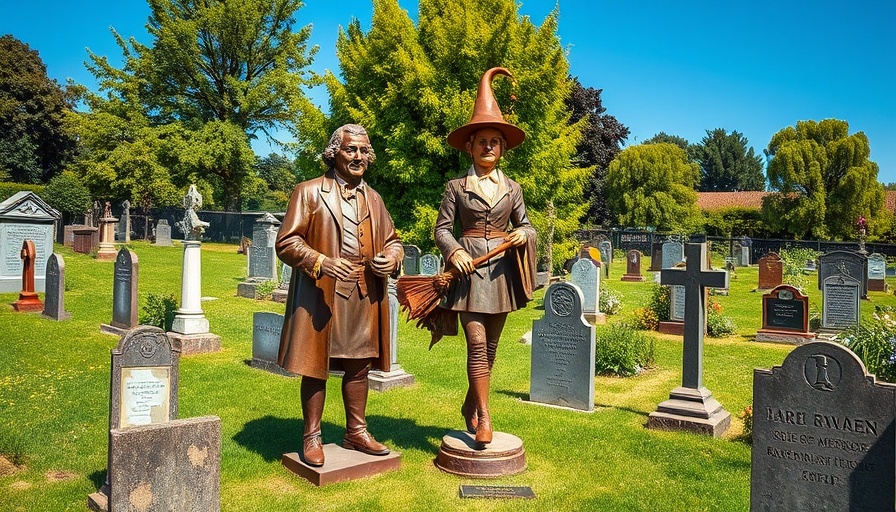 Whimsical statue display in Salem cemetery with RV Travel theme.