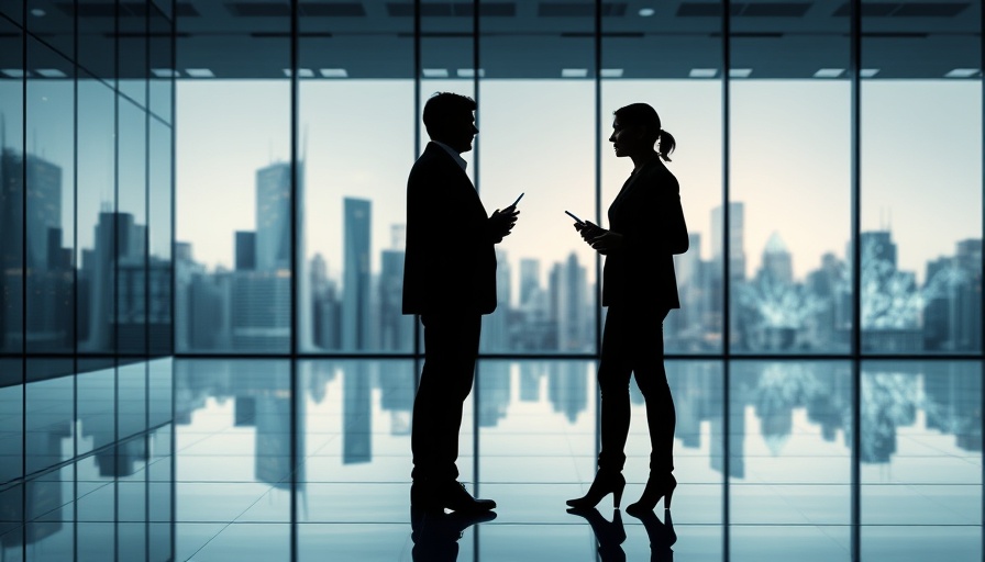 Two silhouettes in discussion with digital display, unexpected abundance theme.