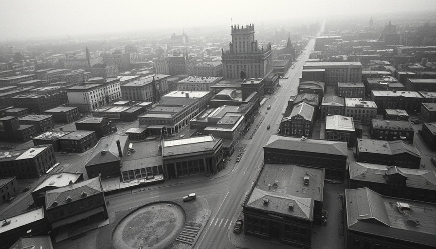 Historic aerial view of Miami's Garment District, black and white.