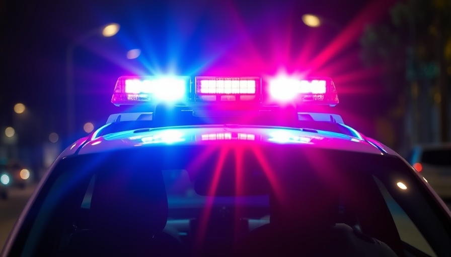 Flashing police lights casting vivid colors in dark, Orange County.