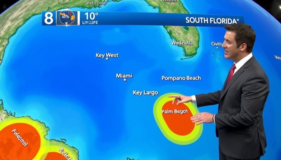 Meteorologist presents South Florida weather patterns on a digital map.