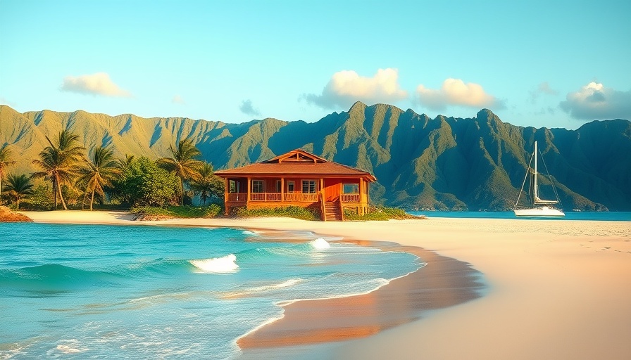 Scenic Views in Oahu with beach house, mountains, and sailboat.