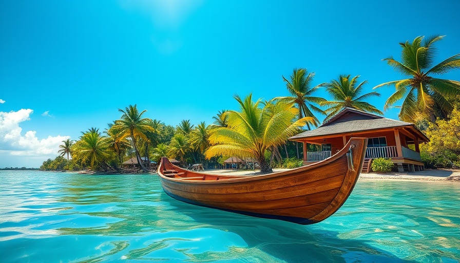 Vivid island scene with canoe and hut for virtual travel.