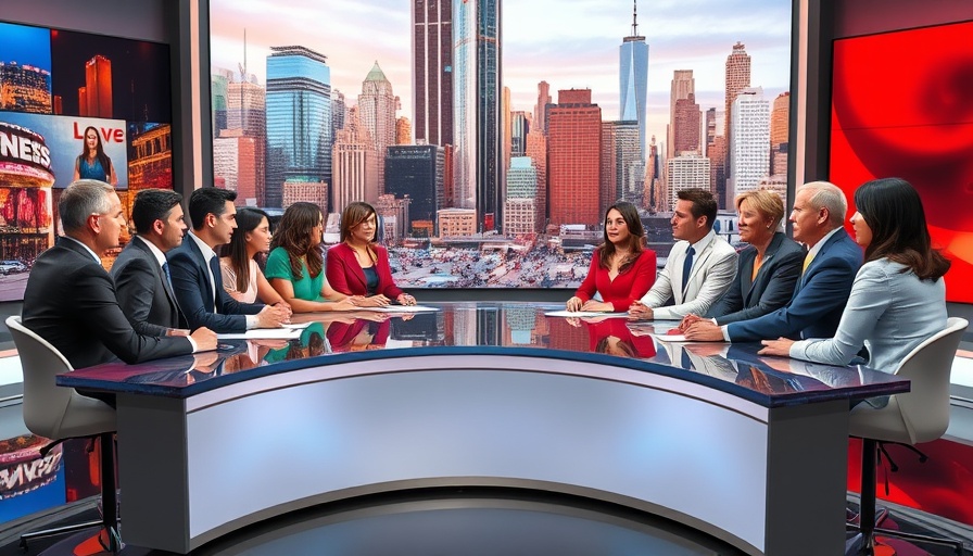 News panel discussing Trump's Fed Pressure, vibrant studio scene.