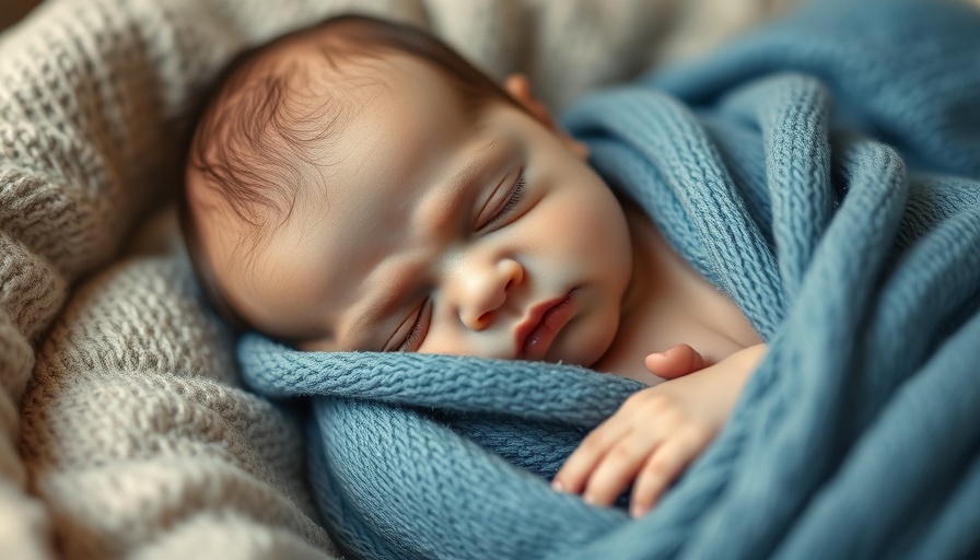 Sleeping newborn wrapped in blue swaddle, newborn care theme