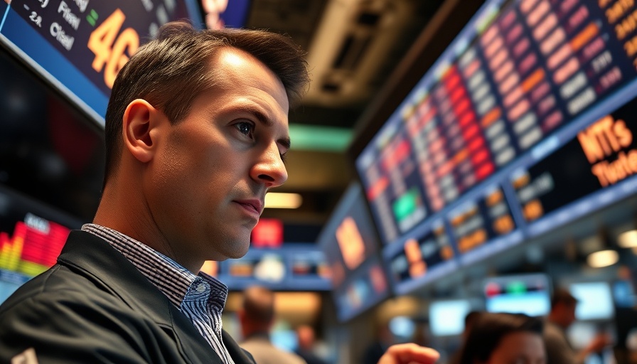 Stock trader analyzing data on a tablet amidst active trading floor.