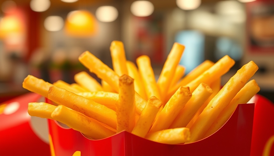Crispy French fries in McDonald's packaging, warm look.