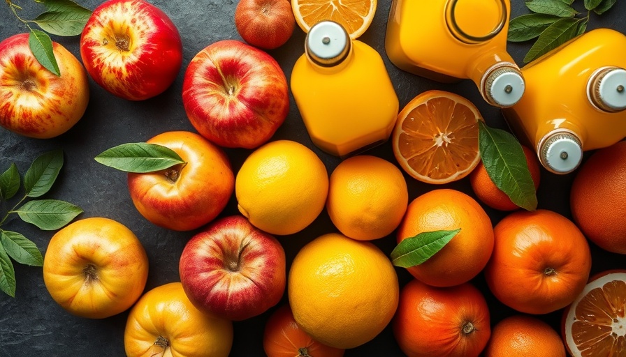 Colorful fruits and juice bottles, healthy eating tips for families.