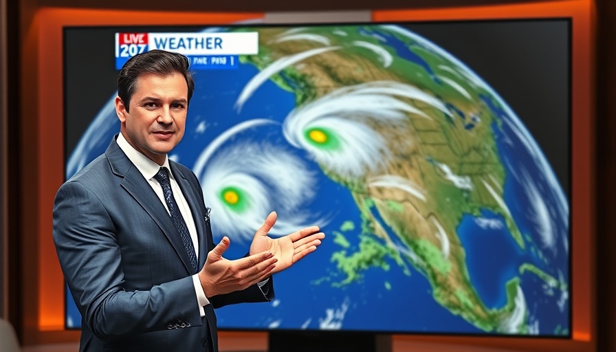 Weather presenter discussing storm patterns on satellite map