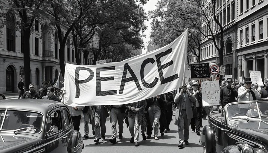 Protest against Vietnam War, marchers with a banner, historical movement.