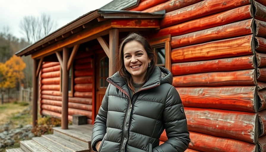 Casual woman smiling in front of rustic cabin.