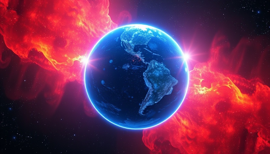 Cosmic view centered on glowing blue planet amid vibrant nebula.