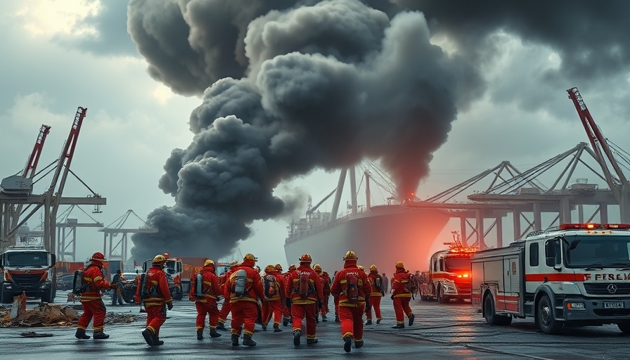 Firefighters at Iran port explosion with smoke rising in background
