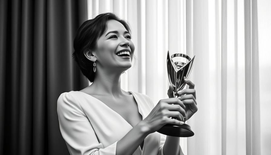 Elegant woman in evening attire holding an award, smiling in front of curtains, Vietnam War Female Roles.