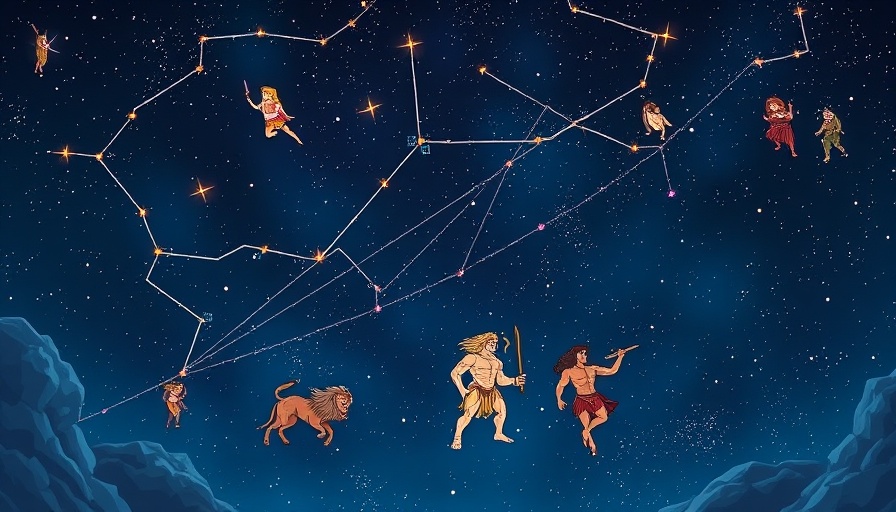 Hercules constellation amidst mythical figures stargazing scene.