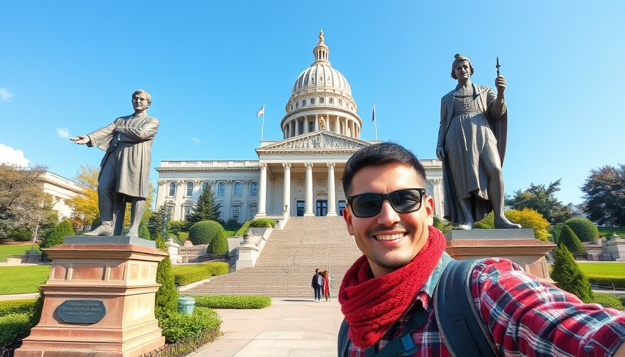 Traveler in Pennsylvania with statues in front of Capitol
