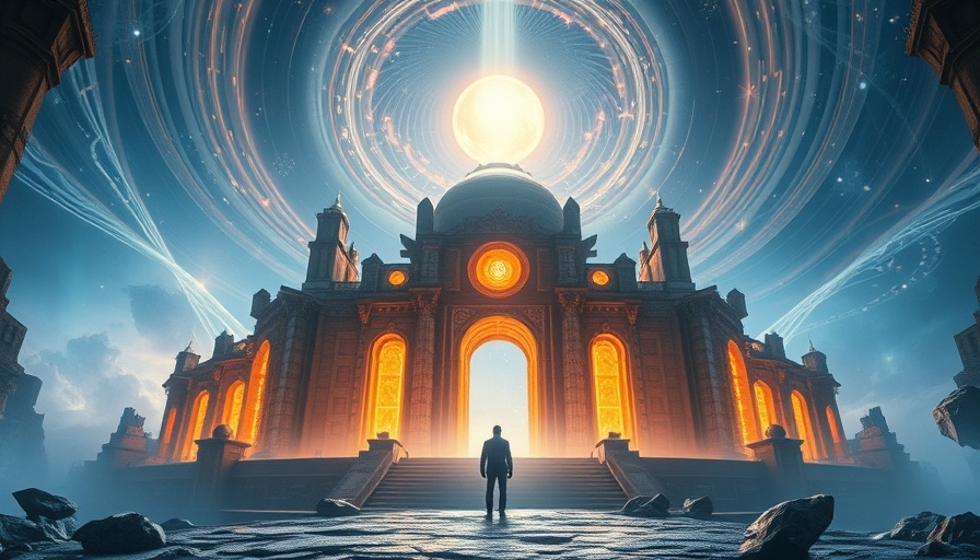 Futuristic temple scene with mystical energy, manifest money theme.