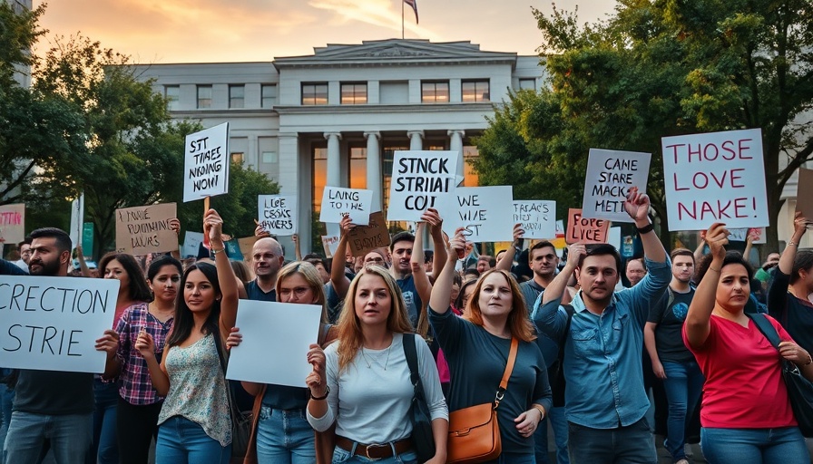 Los Angeles County workers on strike holding signs in front of a building.