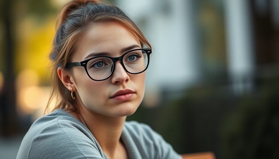 Young woman with glasses discussing immigration policies outdoors.