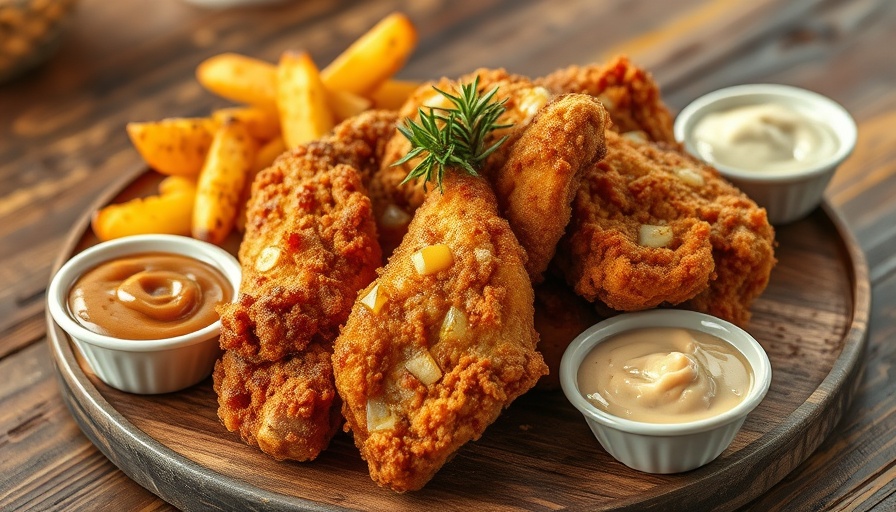 Le Chick Wynwood Fried Chicken with potato wedges and sauces.
