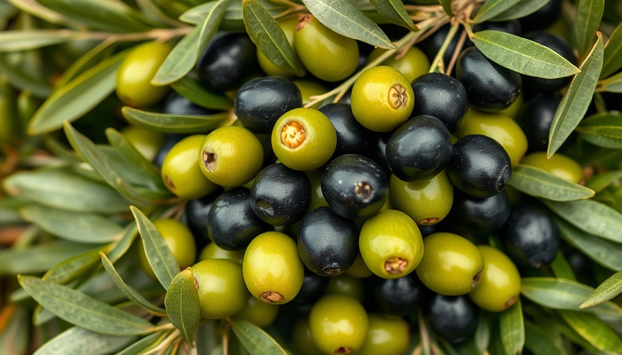 Health and Wellness Olive Oil: Fresh green and black olives.
