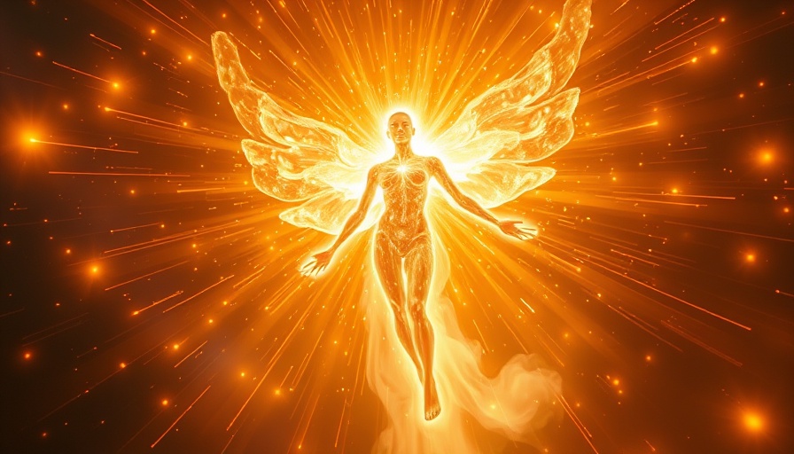 Radiant figure with glowing energy in cosmic background, manifest money out of thin air theme.