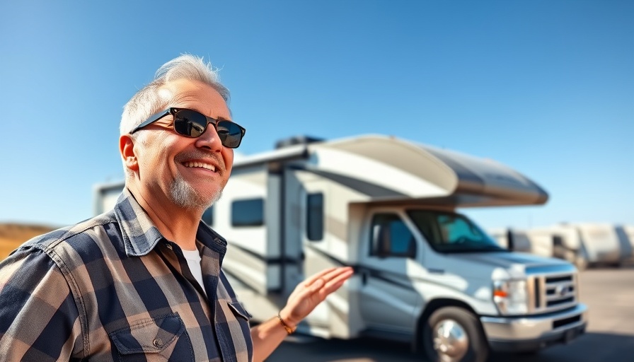 Middle-aged man with RV promoting RV travel, sunny day.