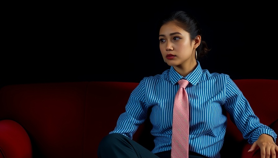 Young woman in blue outfit on red couch expressing thoughtfulness related to Jill Sobule's Music and Legacy.