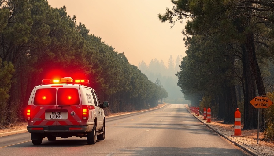 DeLand brush fire road closure with emergency vehicle.