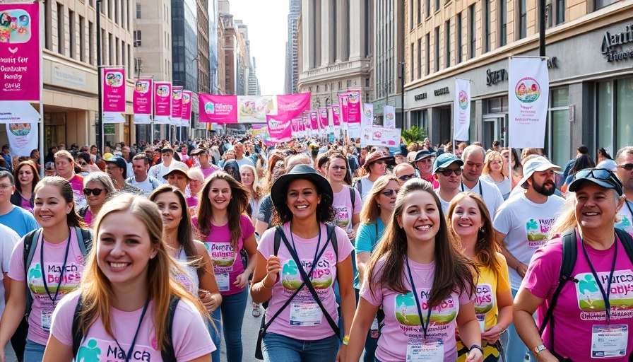 Participants at March for Babies event in a vivid outdoor setting.