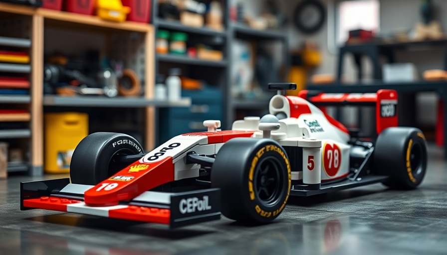 LEGO replica of Formula 1 car in workshop setting.
