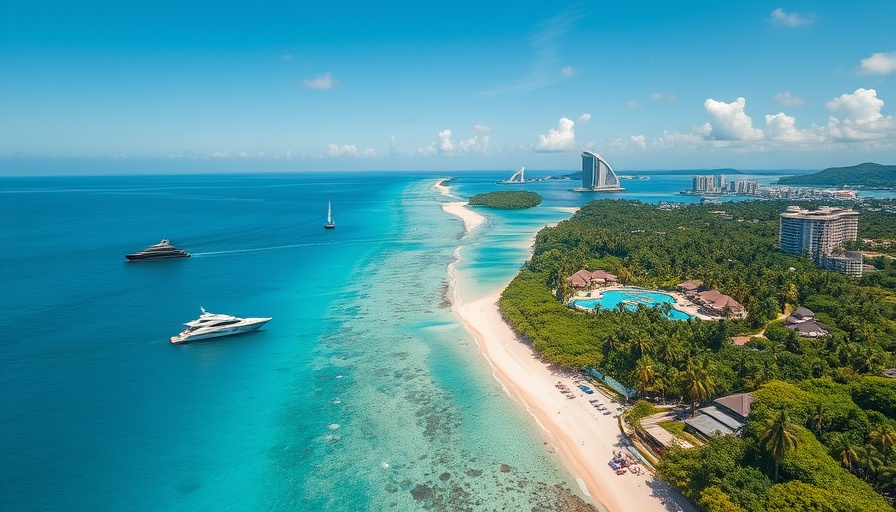 Aerial view of Roatan travel destination with yacht and resort.