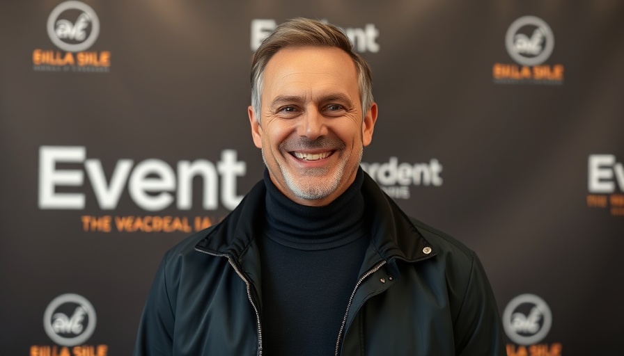 Smiling man at event backdrop, wearing a dark jacket.