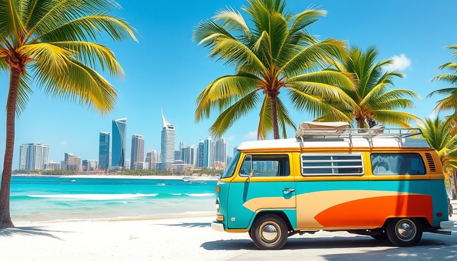 Scenic travel destination with colorful van on Bondi Beach.