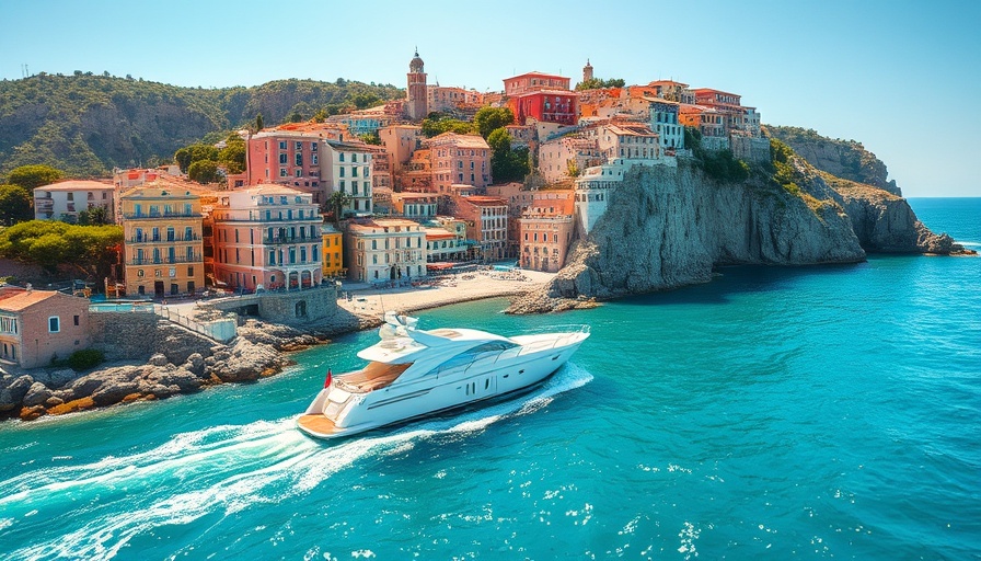 Scenic Views of Positano with cliffs and yacht in turquoise waters.