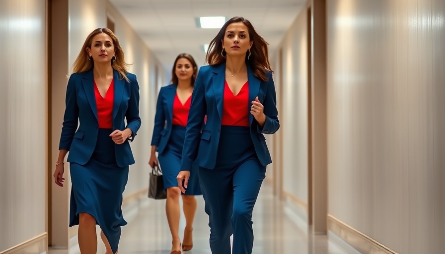 Two women walking in courthouse hallway, formal attire.