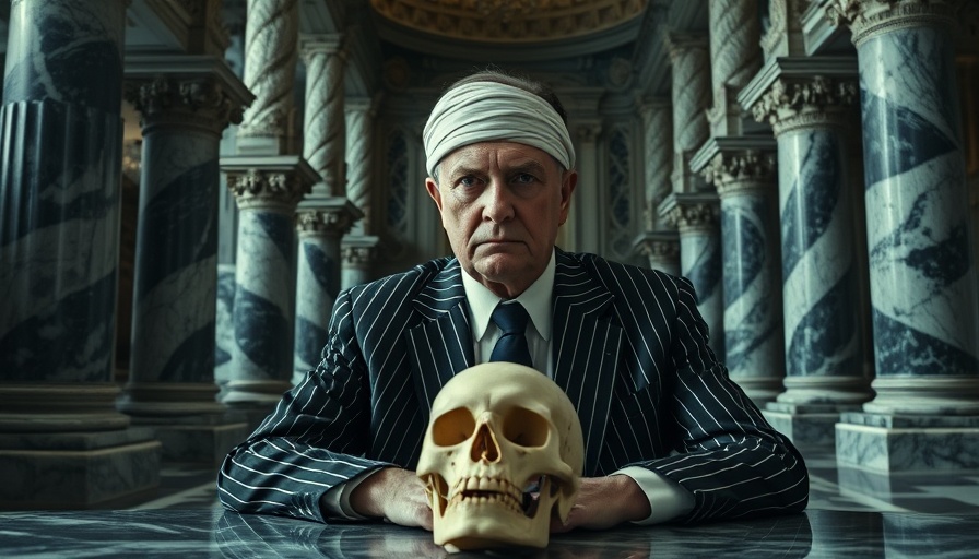 Cannes Film Festival Challenges - Older man in marble room with bandages and skull.