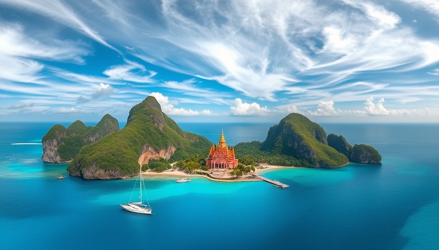 Scenic view of Maya Bay Thailand with temple and turquoise sea.