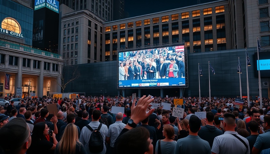 Crowd gathering at night for event in city square.