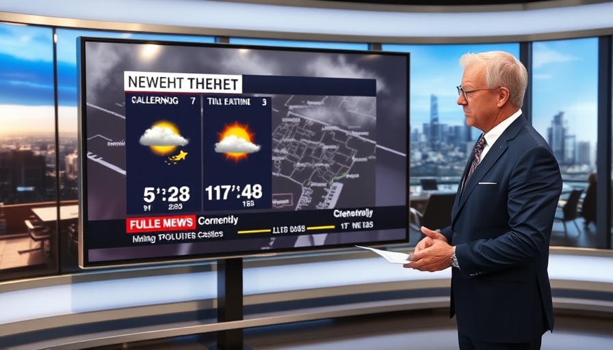 News broadcaster presenting Next Weather Alert in studio.