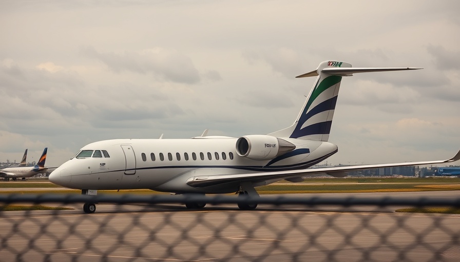 White jet with striped tail parked on runway at airport.